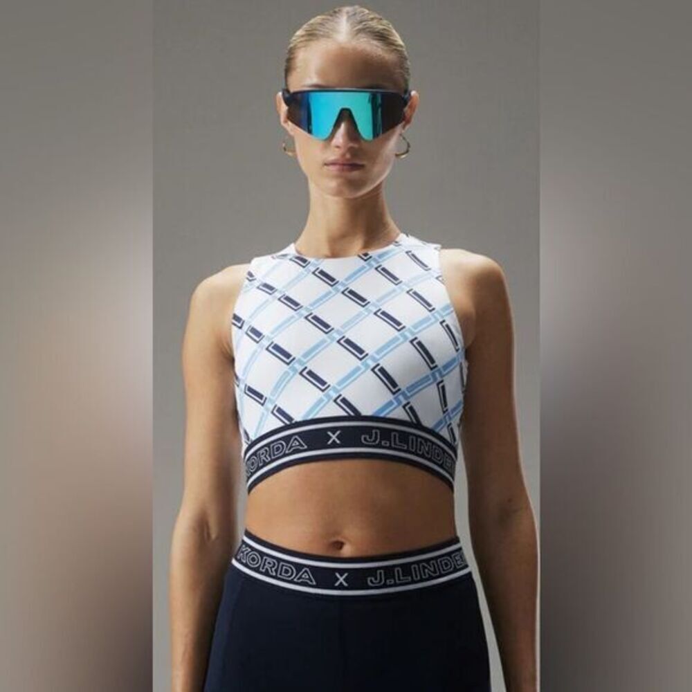 NWT J. Lindeberg Nelly Korda Women's Blue and White Sports Top Crop Top - Size L